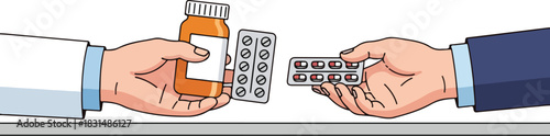 Person handing over medication and pills from one hand to another