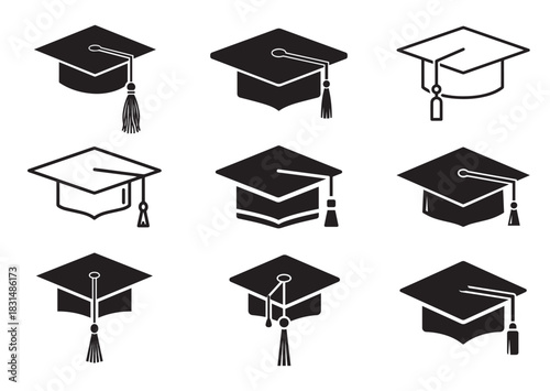 Set of Graduation Cap icon, Graduation Cap silhouette vector