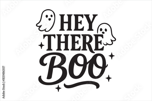 A playful halloween greeting featuring ghosts and stylized lettering