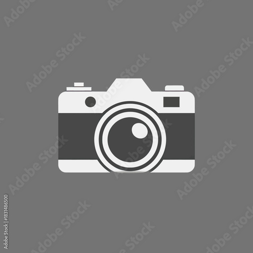 A simple, flat-design icon of a camera in white and dark grey on a grey background