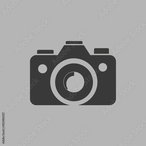 Simple dark grey camera icon on a light grey background, a clean vector graphic