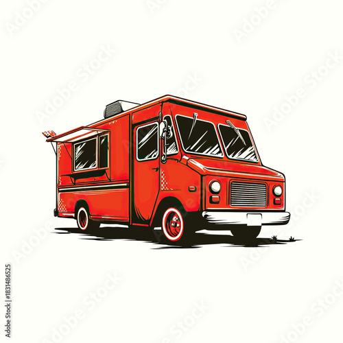 The image depicts a vibrant red food truck illustration with serving window and details