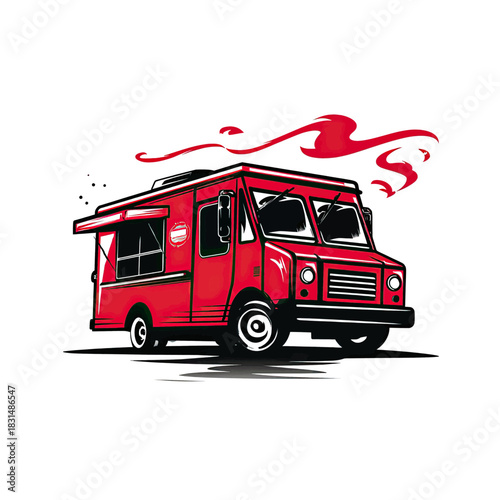 Vibrant red food truck with open serving window, black details, and red steam