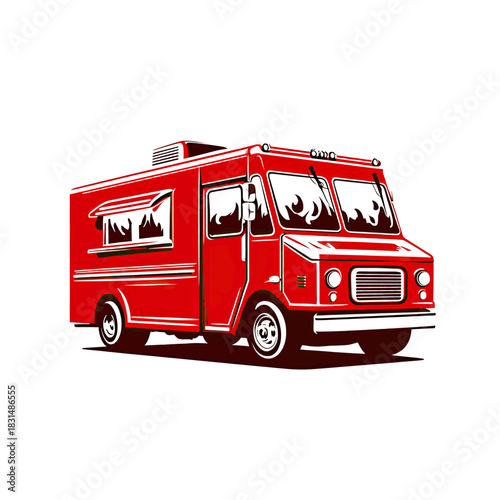 Stylized red food truck with white trim and windows on a clean white background