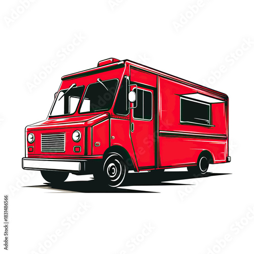 Vibrant red food truck or delivery vehicle with dark outlines, white background