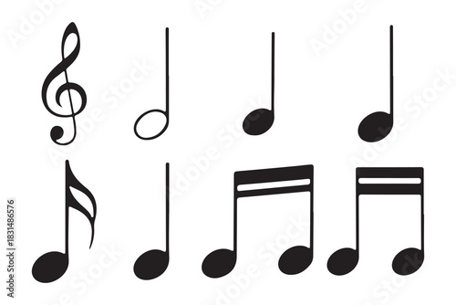 This image displays a collection of musical notation symbols against a white background. It features a treble clef, a half note, and various eighth notes, including a single eighth note and a beamed 