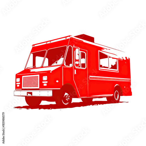 Stylized red food truck illustration with white highlights on a clean white background