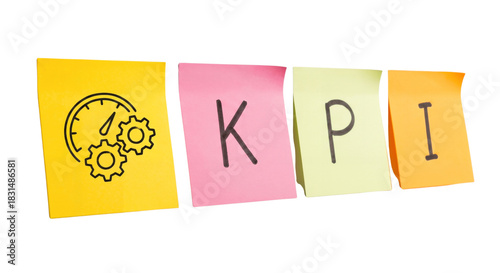 Four colorful sticky notes spell out 'KPI'. This represents Key Performance Indicator, isolated on transparent background