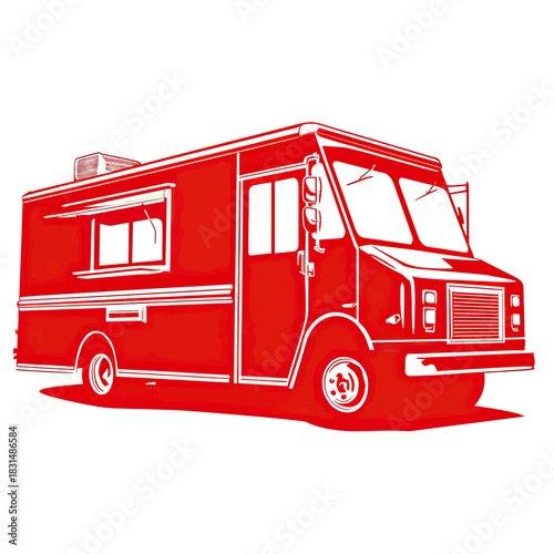 Red food truck illustration, vector style, white outline, mobile street food vehicle