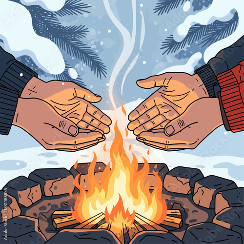 Hands Warming Over Outdoor Fire Pit Vector
