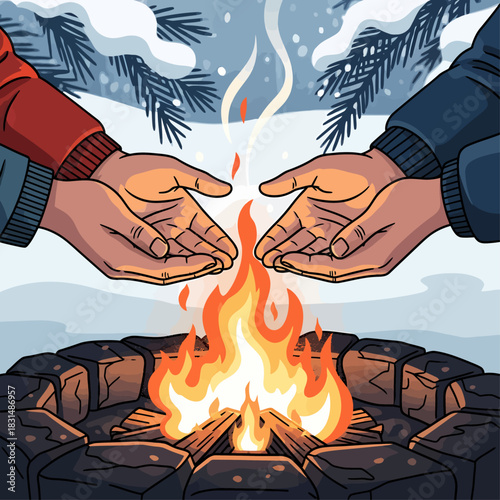 Hands Warming Over Outdoor Fire Pit Vector
