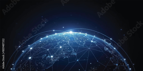 Global Network Connectivity: Digital Earth with Interconnected Data Points and Technology Web on a Dark Background
