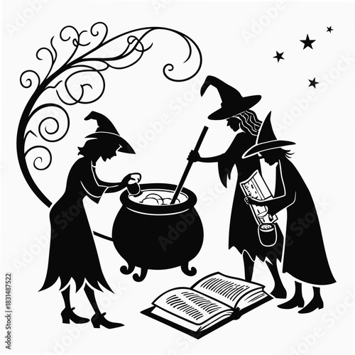 Three witches making potion in cauldron with book and stars