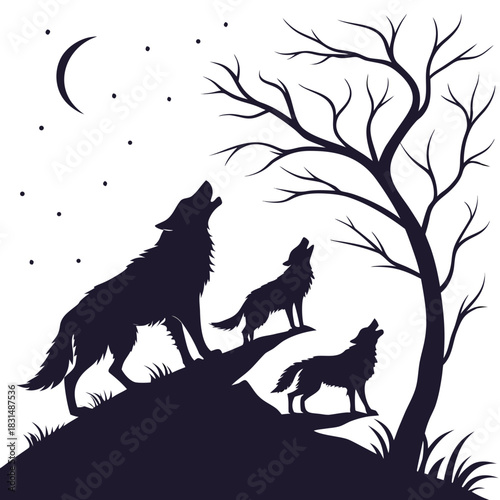 Three wolves howling at the moon and stars silhouette