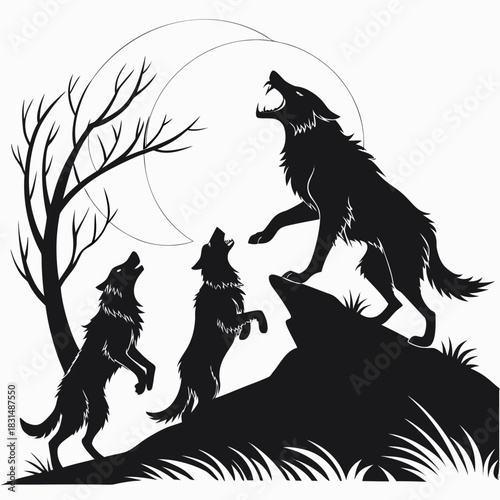 Three wolves howling at the moon silhouette wolf night 1