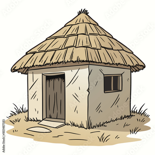 Traditional mud hut with thatched roof and straw grass