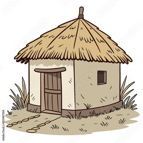 Traditional mud hut with thatched roof and stone path