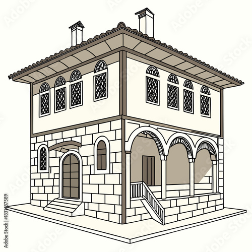 Traditional stone house with arched windows and veranda