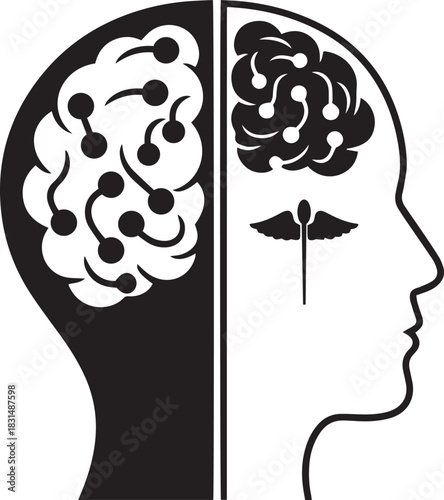 Human head profile with brain divided into black and white hemispheres