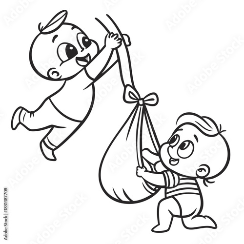 Two cartoon babies playing with a bundle baby infant