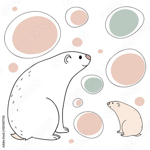 Two cartoon polar bears with abstract shapes on white background