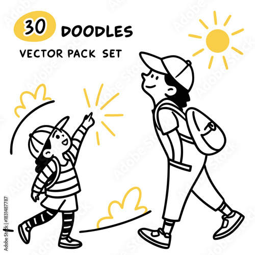Two children with backpacks walking under a yellow sun