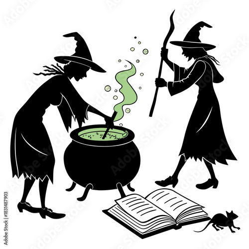 Two witches brewing potion with a book and a cat halloween