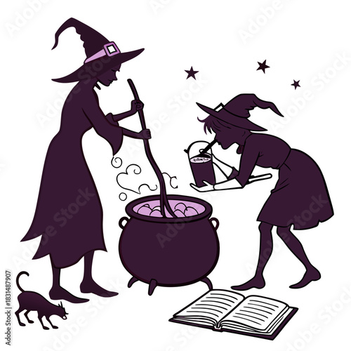 Two witches brewing potion with cat and spellbook halloween