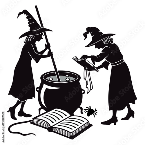 Two witches making potion in cauldron with spell book