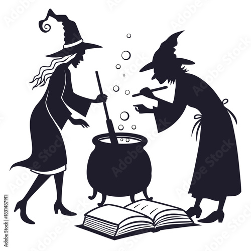 Two witches making potion in cauldron with open book