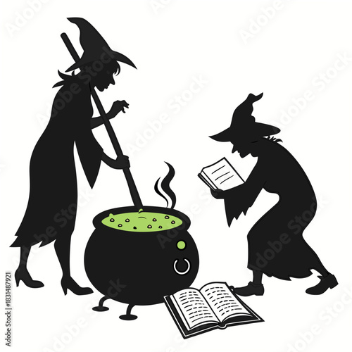 Two witches stirring and reading by a bubbling cauldron