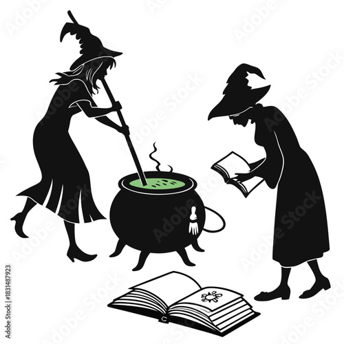 Two witches preparing potion on white background halloween