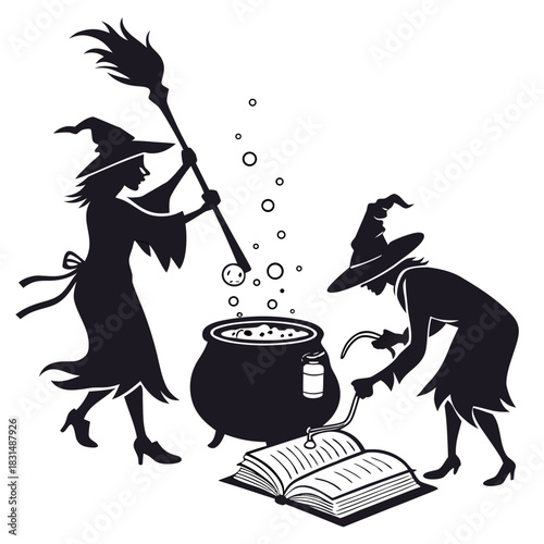 Two witches making potion in cauldron with spellbook
