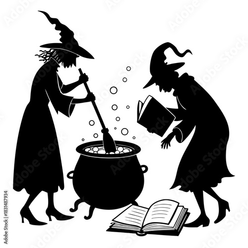 Two witches stirring cauldron and reading book on white background