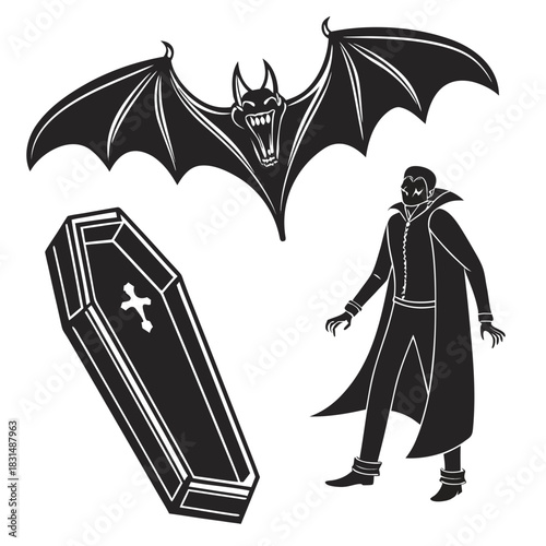 Vampire bat and coffin graphic illustration gothic