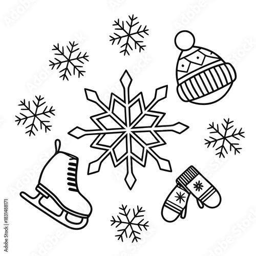 Winter icons snowflakes ice skates hat mittens vector