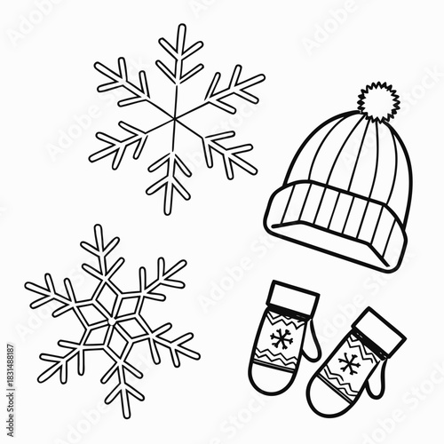 Winter snowflakes knit hat and mittens line art vector