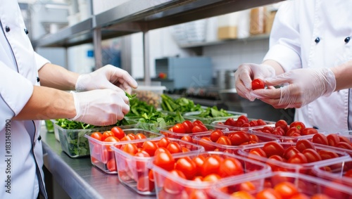 Chefs preparing fresh ingredients in a commercial kitchen with rows of tomatoes