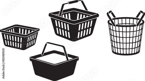 Four different shopping baskets isolated on, including a square basket, a basket with a handle, and a round basket