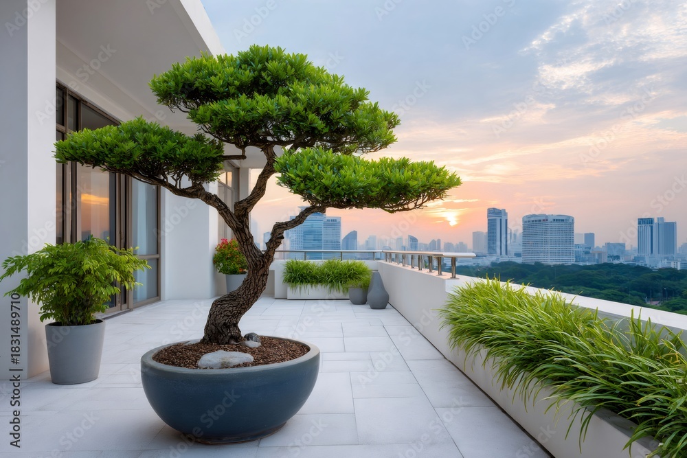 Obraz premium Bonsai tree on modern rooftop balcony overlooking cityscape at sunset