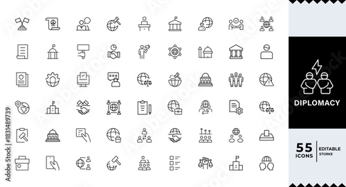 Diplomacy linear icon set. Political dialogue, law, politics, peace, alliance, foreign policy, government, summit, international relations, diplomatic, debate, vector icon set. UI thin line icon pack