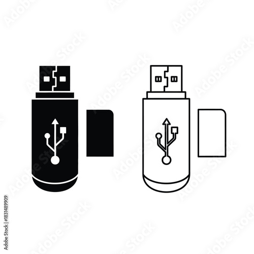 Usb flash drive icon set, featuring solid and outline style for digital storage and portable data transfer device symbols