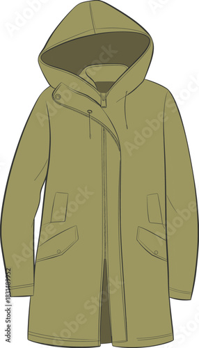 Women’s parka coat flat sketch with hood and asymmetric zipper – fashion technical drawing for winter outerwear design CAD