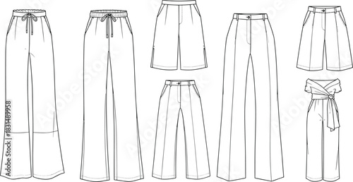 Women’s pants and shorts technical flat sketch set – wide-leg, bermuda, drawstring, high waist, tie-waist, casual designs