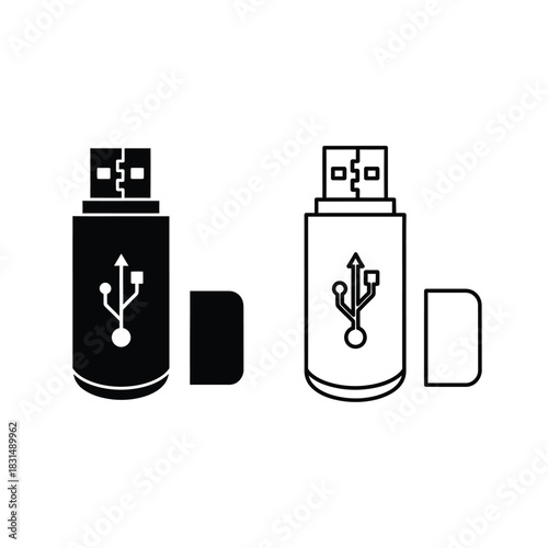 Usb flash drive icon in solid black and outline versions, representing data storage and portable memory device.