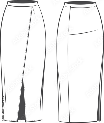 Women’s pencil skirt fashion flat sketch, high waist, front slit design, elegant office wear, apparel template, sewing pattern clothing illustration