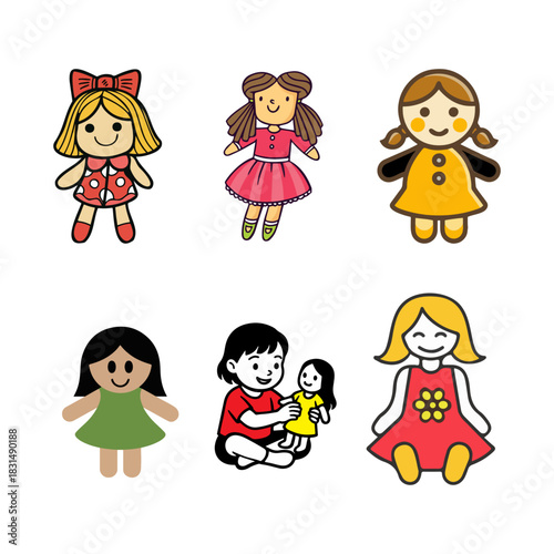 Collection of cute cartoon dolls and a girl playing with a doll