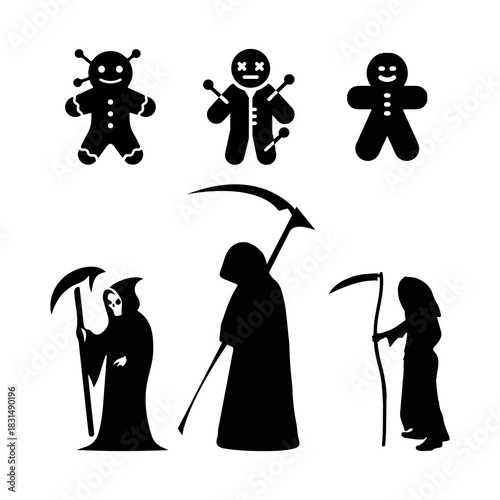 Collection of halloween voodoo doll and grim reaper icons