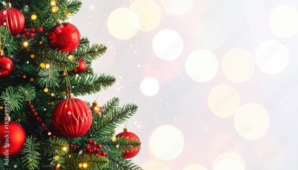 Fototapeta premium Close up of a beautifully decorated Christmas tree with red ornaments and warm bokeh lights.