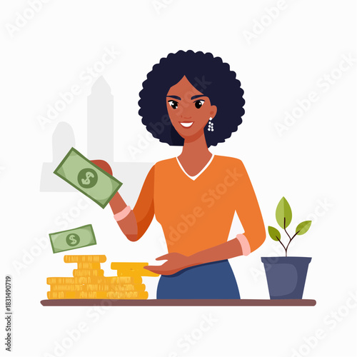 Happy African American woman investing money for growth vector concept